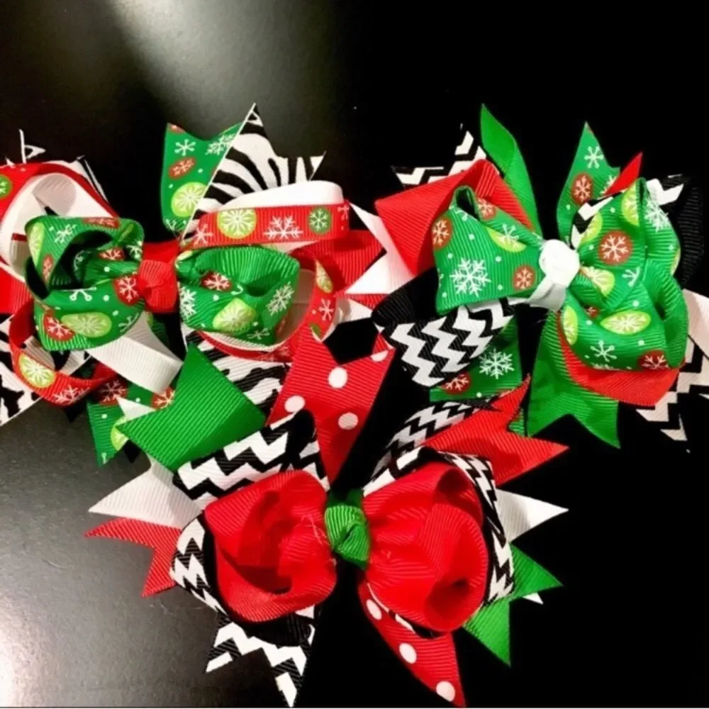 Two Christmas Colored Hair Bows - 2 Grosgrain Hair Bows with Clips RANDOM